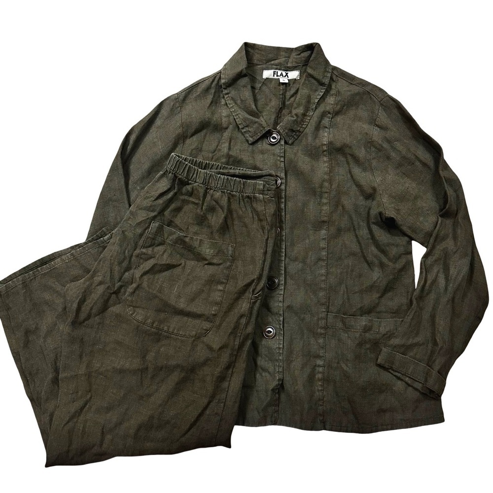 FLAX Linen Brown 2 Piece Shirt Pants Set Small Button Up Long Sleeve Spring